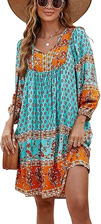 Bluetime Women Casual Summer Dress Boho V Neck 3/4 Sleeve Short Babydoll Floral Print Flowy Beach Dresses