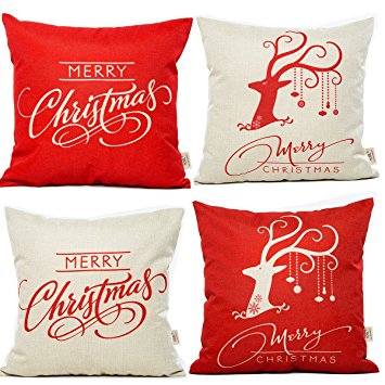 HOSL SD12 Merry Christmas Series Blend Linen Throw Pillow Case Decorative Cushion Cover Pillowcase Square 18" - Set of 4