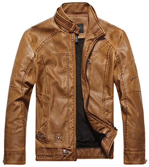 chouyatou Men's Vintage Stand Collar Pu Leather Jacket