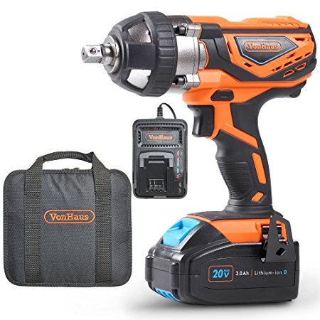 VonHaus 20V MAX Cordless 1/2 Impact Wrench Set High Torque with Variable Speed - Includes 3Ah Lithium-ion Battery, Smart Charger, Belt Hook and Tool Bag