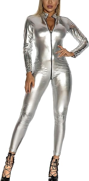 Panegy Women's Metallic Leotard Mesh Front Leather Bodysuit Jumpsuit with Chains