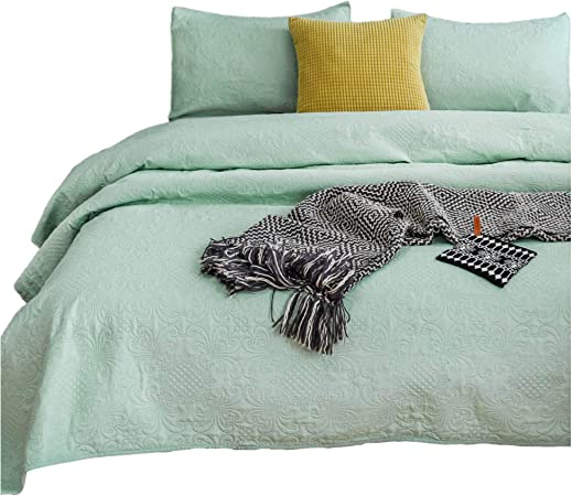 KASENTEX Coverlet Quilt Set-Pre Washed-Luxury Microfiber Soft Warm Bedding-Solid Colors Bedspread-Contemporary Floral Design (Deep Celadon Green, King   2 Shams)