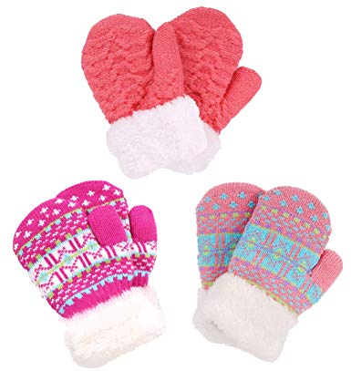 Verabella Boys & Girl's Sherpa Lined Fuzzy Cuff Winter Mittens Kids Knitted Gloves 3 Pairs