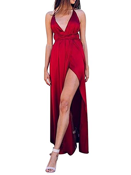 Glamaker Women's Sexy Deep V Neck Slip Maxi Dress Strap Backless Dress With High Slit