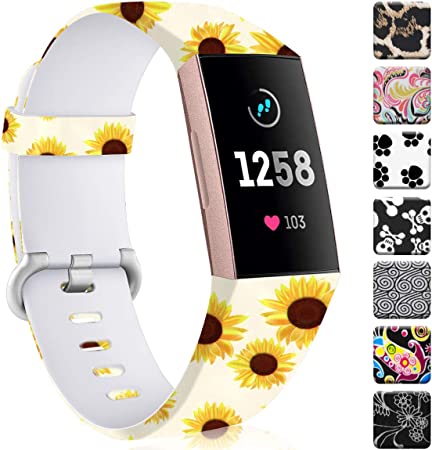 Maledan Compatible with Fitbit Charge 3 Bands for Women Girls, Waterproof Pattern Printed Watch Band Replacement for Charge 4 & Charge 3 & Charge 3 SE Fitness Activity Tracker, Small, Sunflower