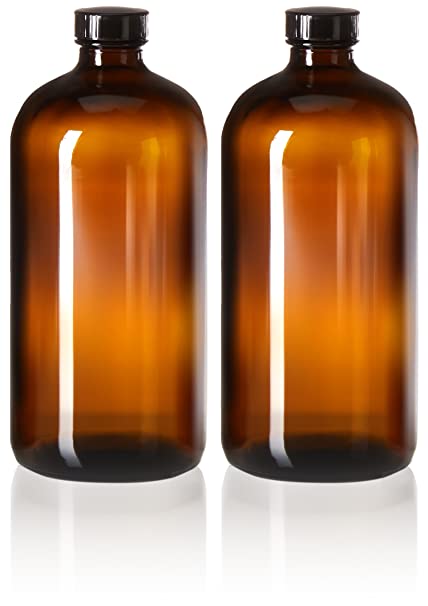 2 Pack - 32oz Boston Round Amber Glass Growler - with Phenolic Poly Cone Insert Caps - Tight Seal for Secondary Kombucha Fermentation