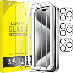 JETech Screen Protector for iPhone 15 Pro 6.1-Inch with Camera Lens Protector, Bubble Free, Easy Installation Tool, Tempered Glass Film, HD Clear, 3-Pack Each