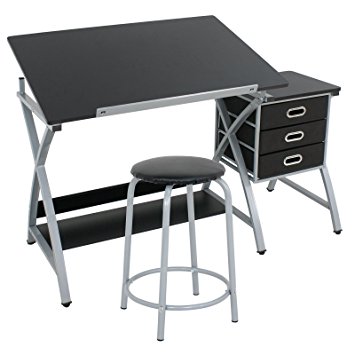 ZENY MDF Drafting Table Art & Craft Drawing Desk Art Hobby Folding Adjustable w/ Stool and 3 Drawers, Black