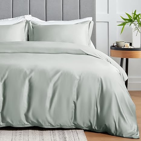 CozyLux 100% Organic Bamboo-Rayon Duvet Cover Queen Set Size Light Green 3PCS 300TC Luxury Comforter Cover 90" x 90", Oeko-Tex Cooling Duvet Covers with Zipper Closure and Corner Ties,Sea Glass