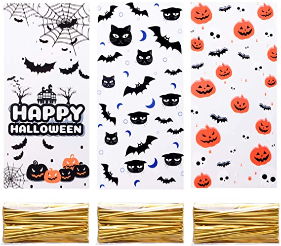 150 pcs Halloween Cellophane Cookie Bags Goodie Clear Candy Treat Bag with Twist Ties for Halloween Day Party Supplies（Style A）
