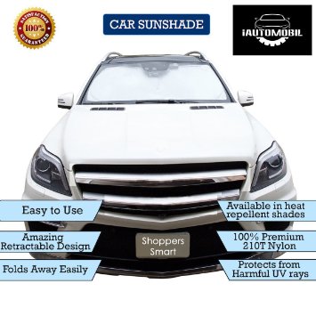 iAutomobil Windshield Sun Shades for Cars 63"x33", 210T Thick, 100% Premium Nylon Light Weight Material with Pouch for Easy Storage (Dual Color, 1-Piece Pack 2-Ring Retractable Sunshade)