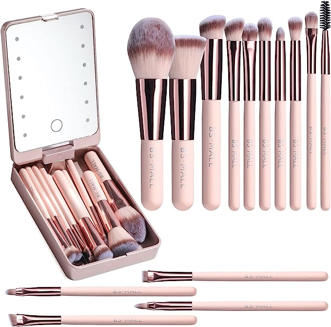 BS-MALL Makeup Brushes Foundation Powder Concealers Eye Shadows Makeup Travel Set with Mirror Large Pink