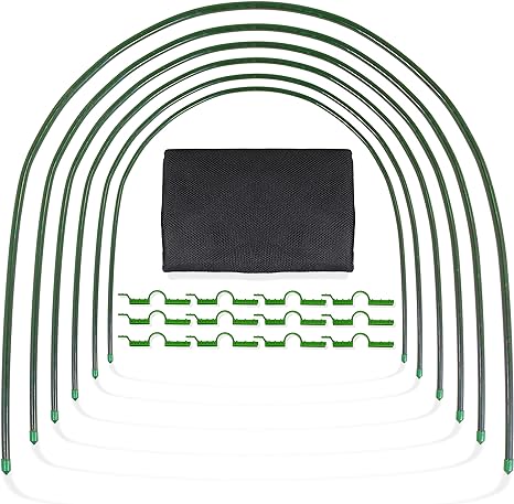 Garden Hoops - 6 Pieces Steel with Plastic Coating Greenhouse Shade Frame, Dome Grow Tunnel for Raised Plant Bed - Complete with Netting Cover and Clips