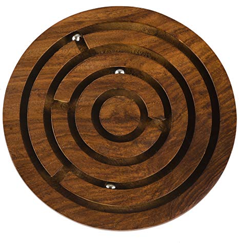 Rusticity Indian Handmade Wooden Circular Labyrinth Maze Puzzle Board Game w/ 3 Metal Balls/ Traditional Sheesham Challenging Education Game for Kids, Adults, Teens, Boy & Girl Child, 5 x 5 in