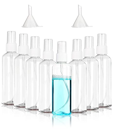 Spray Bottles, 4oz/100ml Clear Empty Fine Mist Plastic Mini Travel Bottle Set, Small Refillable Liquid Containers with 2pcs Funnels (8 Pack)
