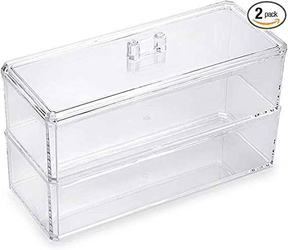 Hipiwe Clear Acrylic Make Up Organizer Box Double Deck Dresser Container Case with Lid for Jewelry Cosmetic Bathroom Storage Holder for Cotton Ball and Swab, Cotton Pad , Q-tip (2 Compartment)