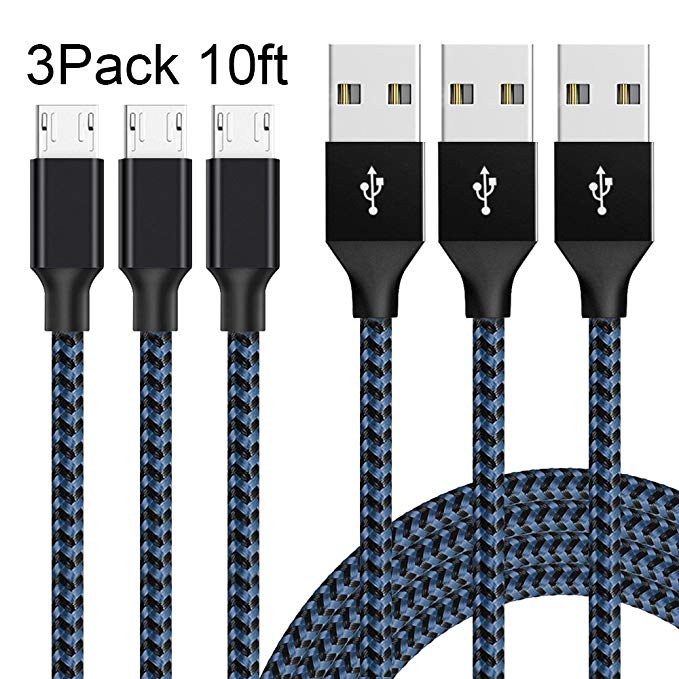 AOFU Micro USB Cable,3Pack 3 * 10FT Long Nylon Braided High Speed 2.0 USB to Micro-USB Charging Cables Android Fast Charger Cord for Samsung Galaxy S7 Edge/S6/S4, Note 5/4 (Black Blue)