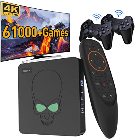 Super Console X King Game Console with 61000 Games,EmuELEC 4.3/Android 9.0/CoreELEC 3 Systems in 1,4K UHD Output,Compatible with PS1/PSP/DC, Dual Band WiFi, Voice Remote Control,2 Gamepads(256GB)