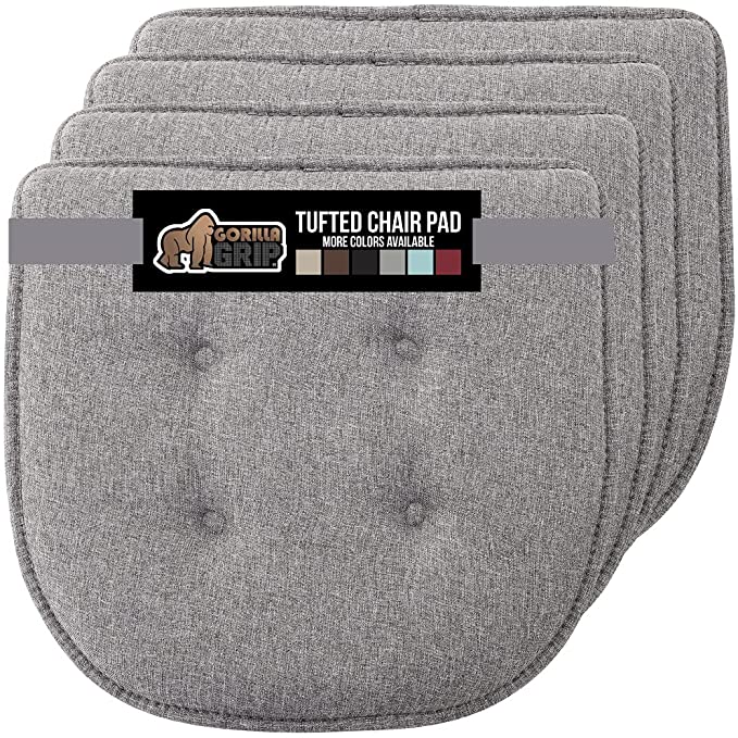 Gorilla Grip Extra Thick Tufted Chair Pad Memory Foam Cushions, Pack of 4 Comfortable Seat Cushion, Durable Slip Resistant, Dining Room Chairs, Office, Kitchen, Large 16x17 Inch, Gray