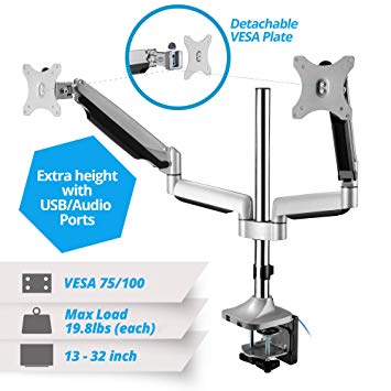 AVLT-Power Extra Height Adjustable Dual Monitor Mount with Two Gas Spring Arms Desk Stand, USB and Audio Ports - Aluminum, Heavy Duty Holds 13" to 32" Screens, Up to 19.8 lbs Each, VESA 75/100