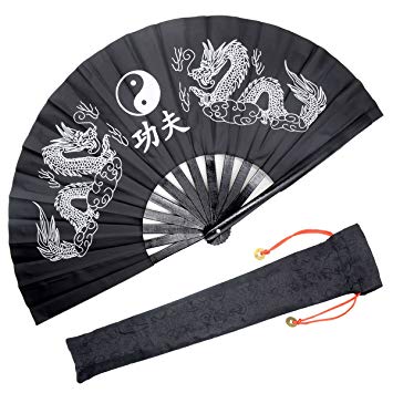 OMyTea Bamboo Large Rave Folding Hand Fan for Men/Women - Chinese Japanese Kung Fu Tai Chi Handheld Fan with Fabric Case - for Performance, Decorations, Dancing, Festival, Gift (Double Dragons)