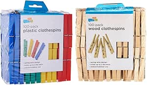 Honey-Can-Do Colored Plastic Clothespins, 100-Pack & DRY-01376 Wood Clothespins with Spring, 100-Pack, 3.3-inches Length,Brown