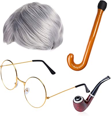 Beefunny Old Man Wig and Glasses Grandpa Costume Accessories Inflatable Walking Cane 100th Day of School Starter Kit