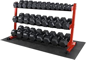 WF Athletic Supply Rubber Coated Hex Dumbbell Set, Multiple Choices Available - Dumbbells with Rack Stand and Mat, or Dumbbells Only (200/550/1200/2100/3000 LB)