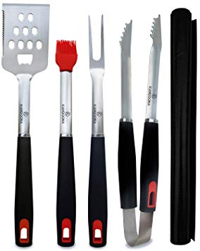KANDOONA Grill Utensils Set - Heavy Duty Stainless Steel Grilling Tools - Spatula, Fork, Tongs, Basting Brush, Grill Mat - Premium Barbecue Tools - Grill Tools with Gift Box