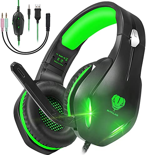 GH-2 Gaming Headset with Microphone for PS4,PC,Xbox One,Nintendo Switch, Noise Cancelling Over Ear Headphones with Mic, LED Light, Bass Surround, Soft Memory Earmuffs for Laptops Phones Mac (Green)