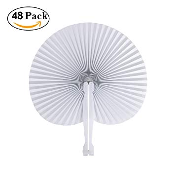 Cusfull 48 Pack White Folding Paper Fans Handheld Paper Fans for Wedding/Party/Party Favours (Round Shape)