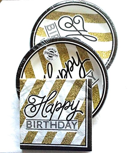 Black and Gold Happy Birthday Party Bundle with Paper Plates and Napkins for 16 Guests