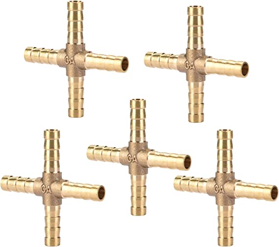 5pcs Brass Cross Fitting, 4 Way Brass Hose Barb Cross Fitting Connector Joint Copper Barbed Adapter Splicer Mender Union for Air Water Oil Gas Fuel (6mm)