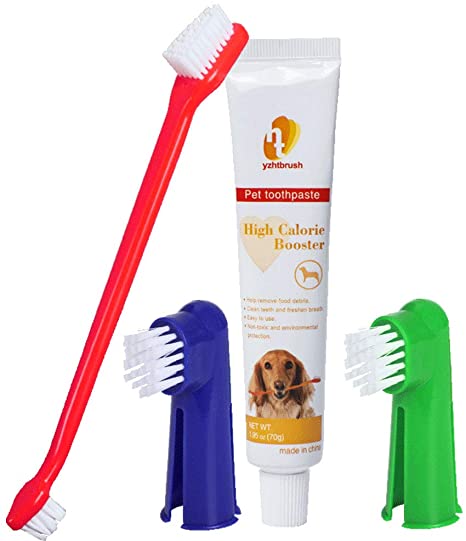 Haip Dog Toothbrush for Dogs & Cats - Dog Dental Care Kit with 1 Dual Head Brush 2 Finger Toothbrush and 1 Toothpaste - for All Dog or CAT Sizes and Breeds [Brighten Your PET'S Teeth]