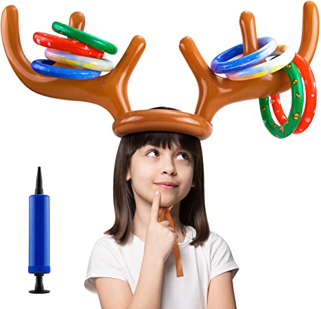 dizauL Reindeer Antler Ring Toss Game – Reindeer Game for Two Players – Interactive Christmas Party Games for Adults and Kids – Reindeer Ring Toss Hat with 2 Antlers and 8 Rings