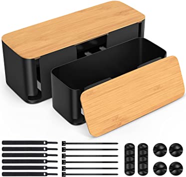 Yecaye Cable Management Box with Bamboo Lid, Large & Medium Cable Organizer Box to Hide Power Strip and Wires, Cord Organizer Box for Home & Office, Set of 2, Black