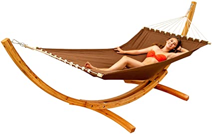 AMANKA XXL Hammock for Two with Wooden Designer Frame Sunlounger Rod Hammock Wood Rack Stand Coffee