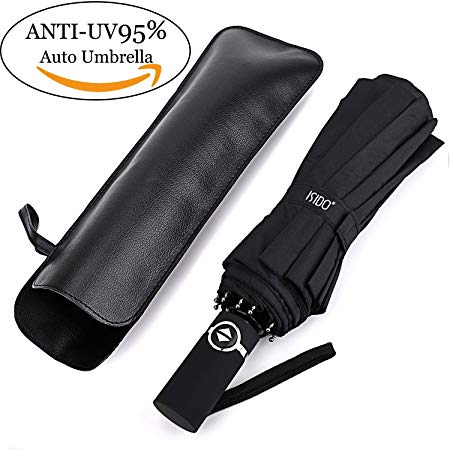 ISIDO Folding Windproof Umbrella 10 Ribs Travel Umbrella with UV Protection Coating Auto Open Close and Upgraded Anti-Slip Handle - Gift Leather Cover