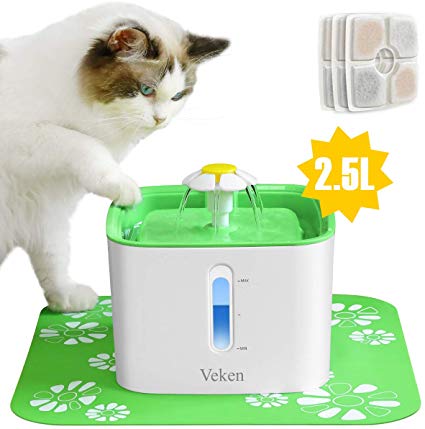 Veken Cat Water Fountain, 2.5L Automatic Pet Water Fountain Dog Water Dispenser with 3 Replacement Filters 1 Silicone Mat for Cats and Small to Medium Dogs