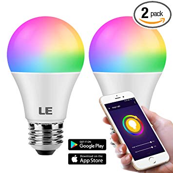 LE A19 E26 Smart LED Light Bulb, 2.4G Wifi, RGBW, Dimmable, 9W 850lm, 60W Incandescent Equivalent, Remote Control, Smartphone APP, Compatible with Amazon Alexa and Google Assistant, Pack of 2