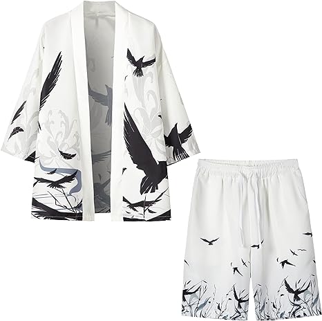 PRIJOUHE Mens Japanese Kimono Coat Suits Loose Open Front Seven Sleeve Kimono Cardigan Jacket with Shorts