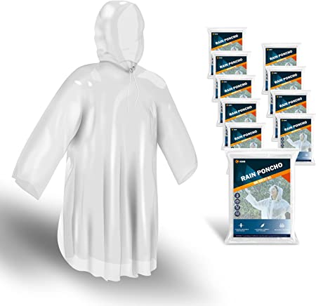 Rain Ponchos for Adults Disposable Emergency Poncho with Drawstring Hood for Men Women Clear - 10 Pack