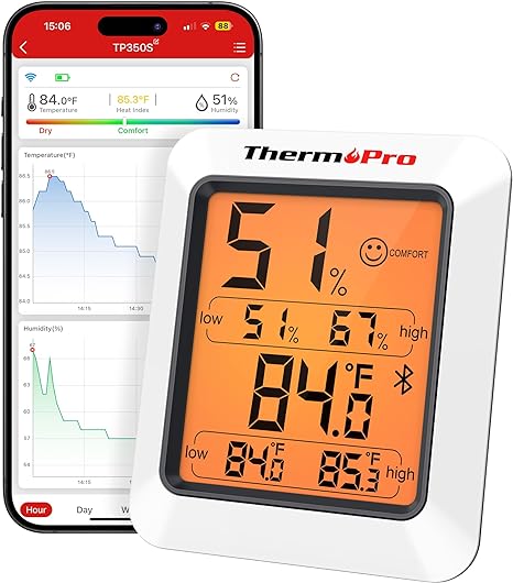 ThermoPro Hygrometer Thermometer for House TP350, Bluetooth Greenhouse Thermometer Humidity Meter up to 260FT, Backlit Room Indoor Thermometer Humidity Sensor with 2-Year Data Export
