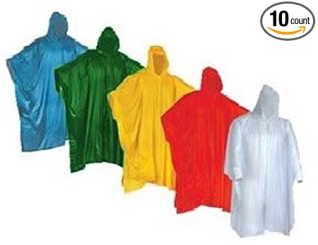 Wealers Poncho One Size Fit All with Hood 10 pieces in display box, 5 different colors •2 Red •2 Blue •2 White •2 Yellow •2 Green. Perfect to Keep in Emergency Kit, Backpack, Home, Office, Car, Pocket, In Case A Rainy Day.