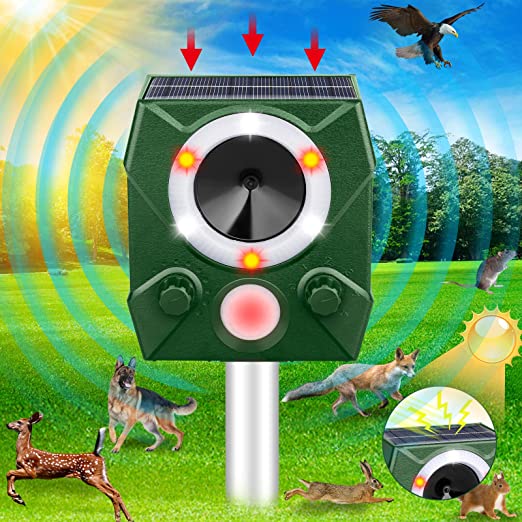 Ultrasonic Pest Repeller Solar Powered Outdoor,Solar Animal Repeller Ultrasonic Outdoor with Motion and Light Sensor and Sound,Squirrel Bird Cat Rabbit Repellent Deterrent Sound Devices for Garden