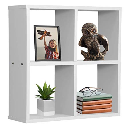 Sorbus Floating Shelf 4-Cube Organizer — Stair Wall Shelf with 4 Openings, Decorative Hanging Display for Photo Frames, Collectibles, and Home Décor (Geometric 4-Square – White)