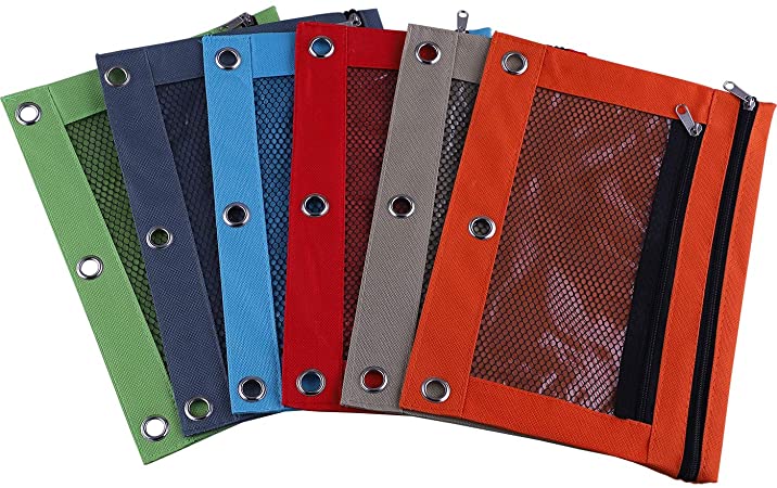 Antner 3 Ring Pencil Pouch with Mesh Window, B5 Zipper Binder Pencil Pouches Binder Pockets 2 Compartments Zippered Folders Bags, 6 Pack