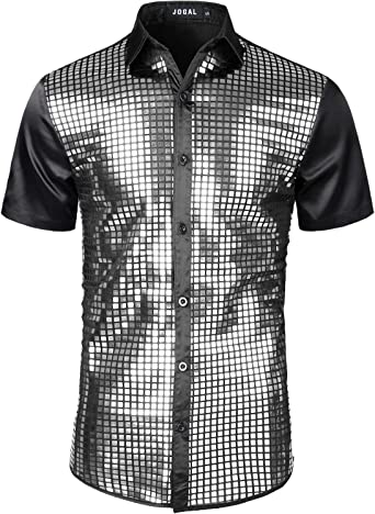 JOGAL Mens 70s Disco Costume Silver Sequins Short Sleeve Button Down Shirts