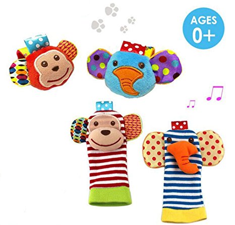 Daisy 4 Packs Adorable Animal Infant Baby Wrist Rattle & Foot Finder Socks Monkey and Elephant Developmental Toys Set - Wonderful Baby Gift
