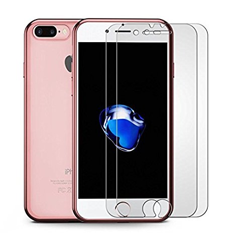 iPhone 5/5S/SE Screen Protector (2 Pack) & Case Combo, OMOTON [9H Hardness] [HD Clear] [Bubble Free] Tempered Glass Screen Protector and [Crystal Clear Soft TPU] Case,Rose Gold